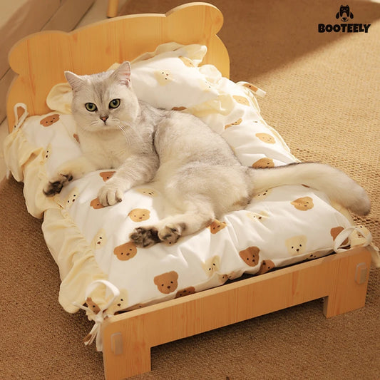 Wooden Pet Bed Cat Litter Dog Bed Four Season Universal Landing Kitten Wooden Removable Washable Teddy Cot House Accessories